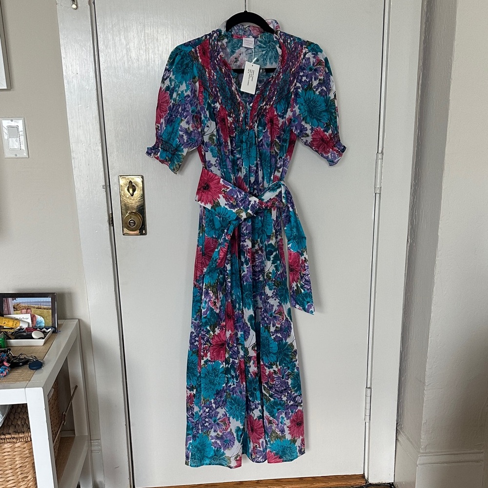 Floral Smocked Maxi Dress in Teal & Fuchsia